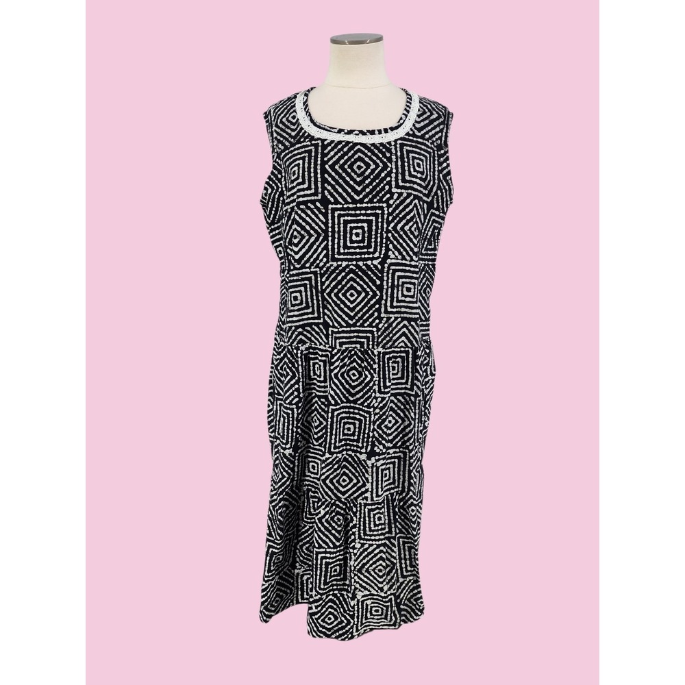 Vermont Country Store Batik Print Dress Boho Tiered Cruise Black White Large